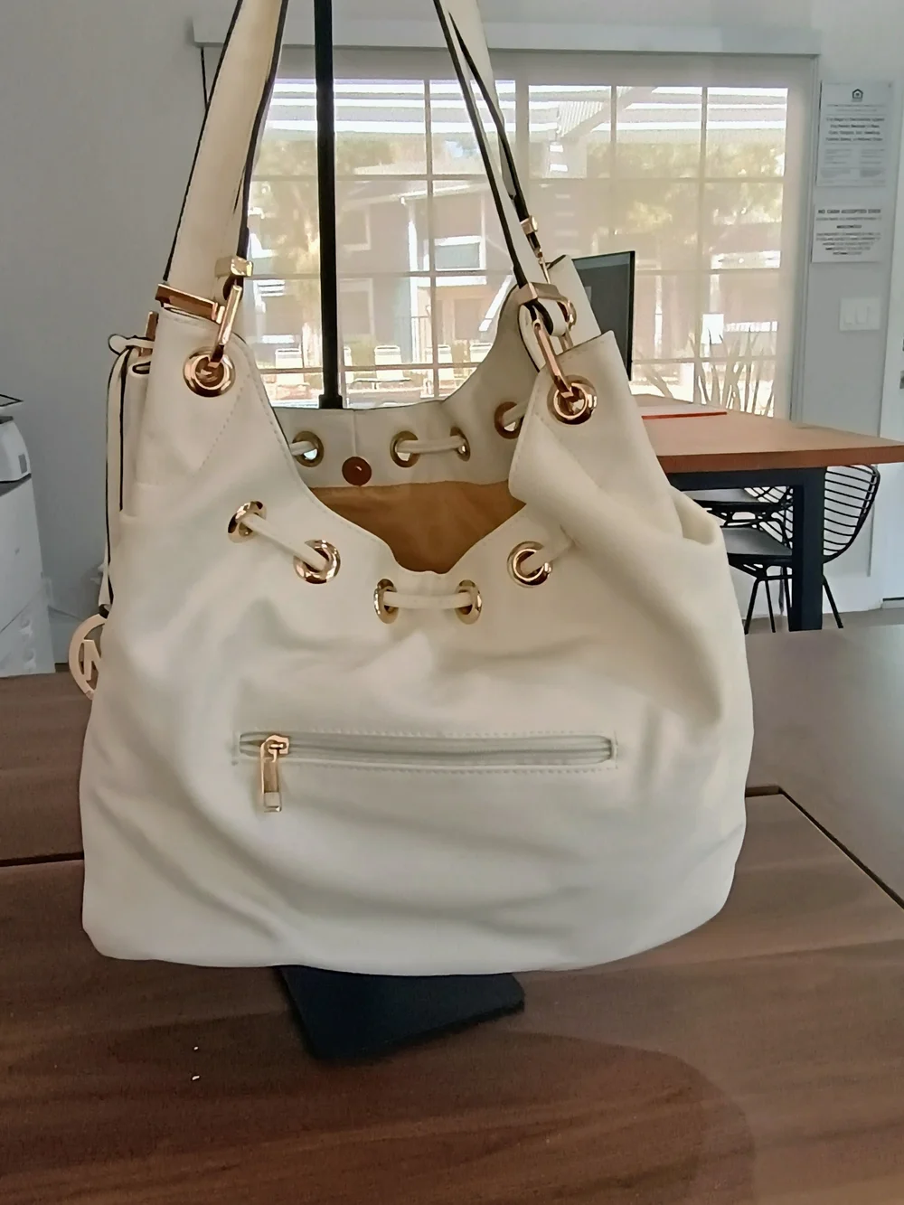 Michael Kors Cream Leather Shoulder Bag with Gold Hardware